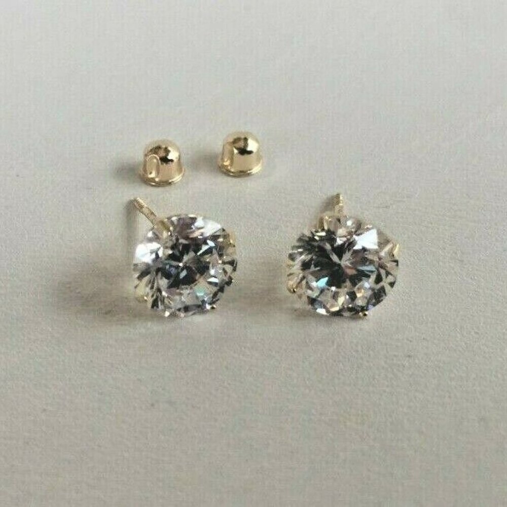 14K SOLID YELLOW GOLD STUD EARRINGS W/ 4 CARATS ROUND SIMULATED DIAMONDS